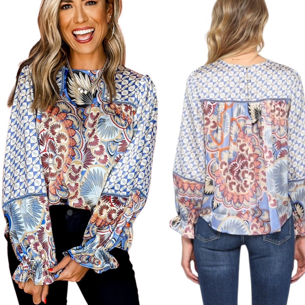 NWT Fate Blue Mixed Floral Geometric Printed Satin Ruffled Puff Sleeve Top - S
